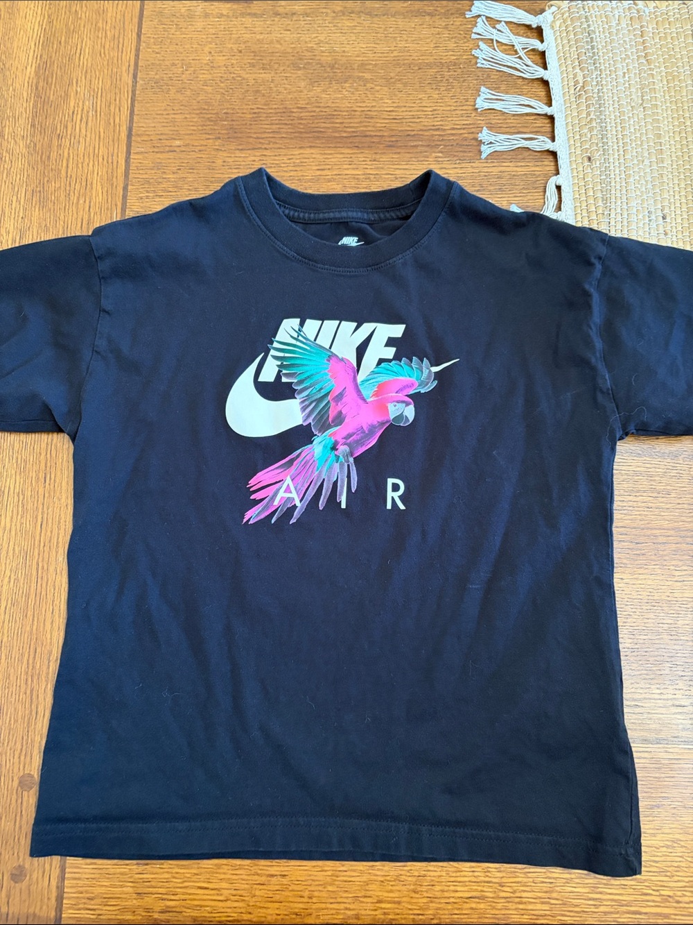 Nike Black Tee with Neon Pink & Teal Parrot Graphic